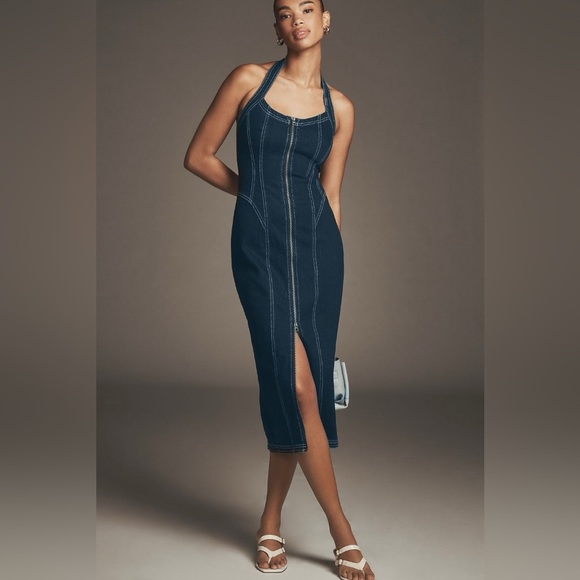 Anthropologie Pilcro Front-Zip Halter Denim Midi Dress Small NWT - Picture 3 of 12